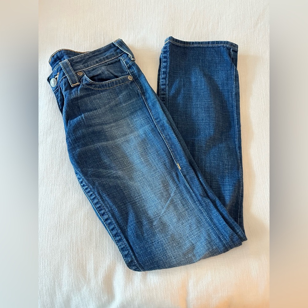 Vintage Low-Rise Flare True Religion Denim Jeans w Iconic Buddha logo Patch, 29